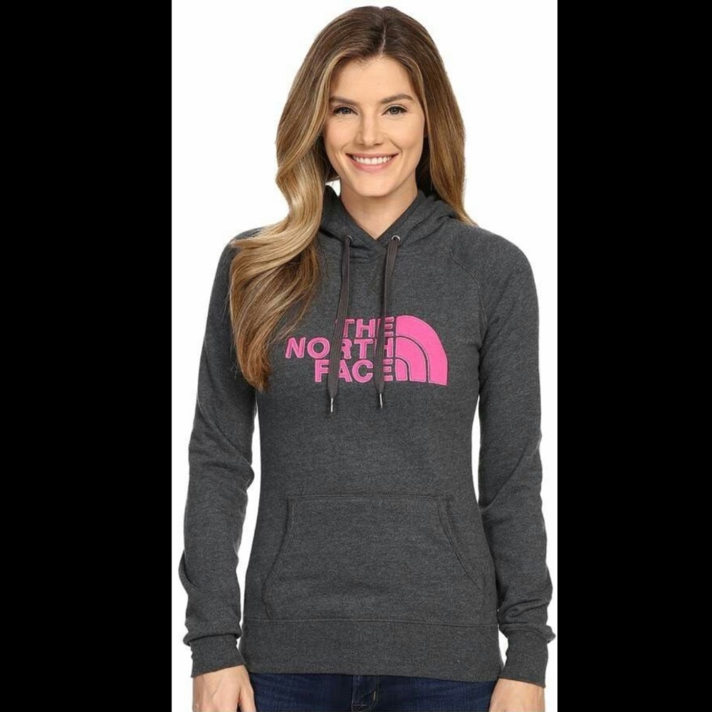 NWT The North Face Grey w/Pink Embroidered Big Logo Hoodie,Kangaroo Front Pocket